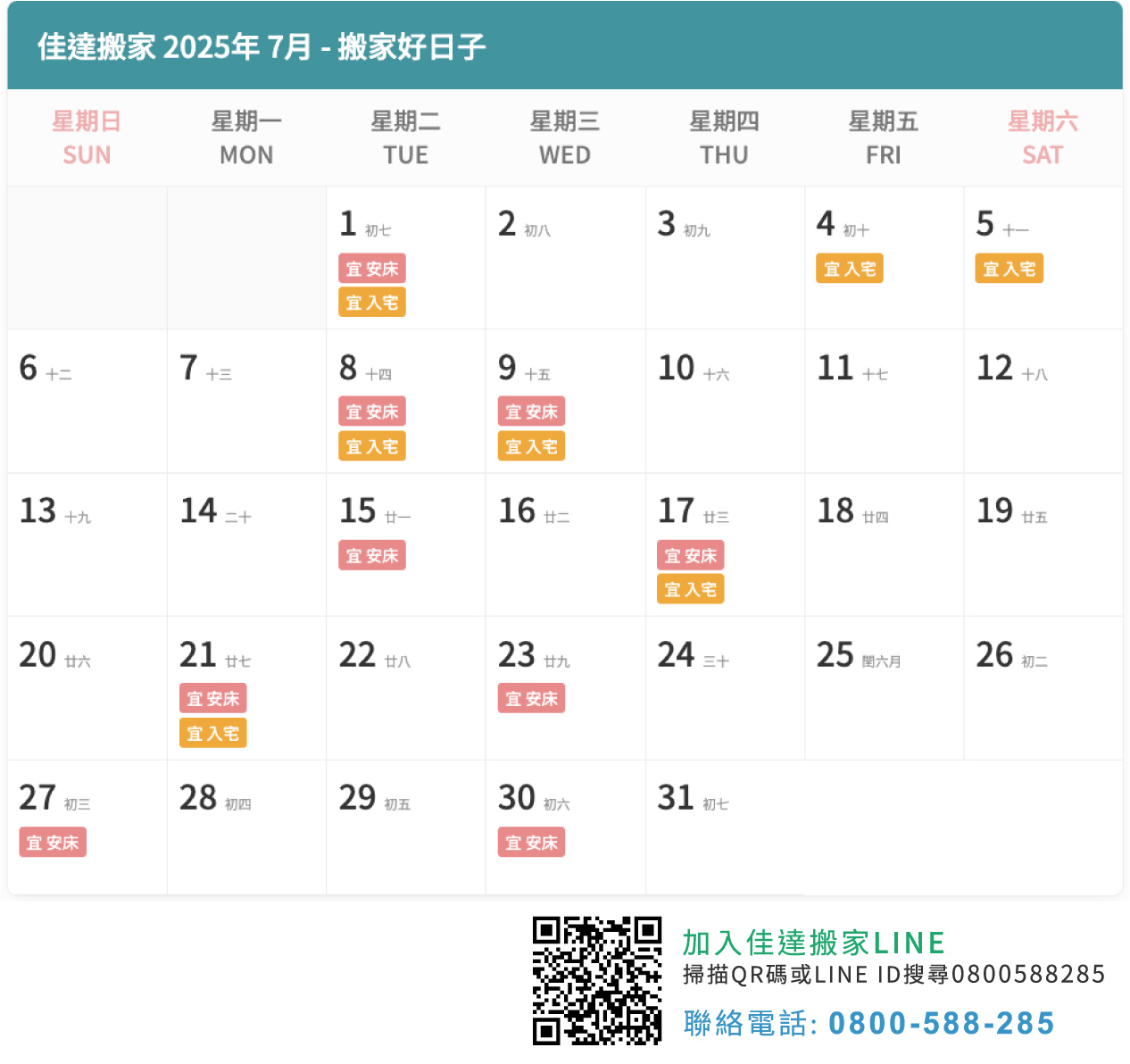 2025年7、8月搬家吉日